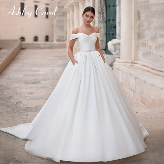 Ashley Carol Elegant Satin Wedding Dresses Cap Sleeve Lace Up Crystal Sashes Sweetheart Princess Wedding Gown Vestidos De Novia