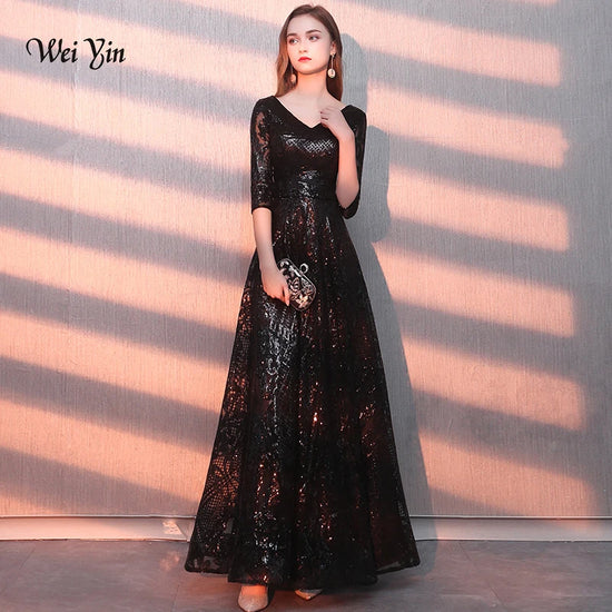 Vestido De Festa Longo Sexy V Neck Black Sequined Evening Dresses Half Sleeves A-Line Zipper Long Party Gown WY1164 Customized