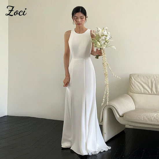 Zoci Simple O Neck Customized Korea Wedding Dresses Satin Sleeveless Mermaid Formal Wedding Party Dresses Open Back 빅사이즈 파티드레스