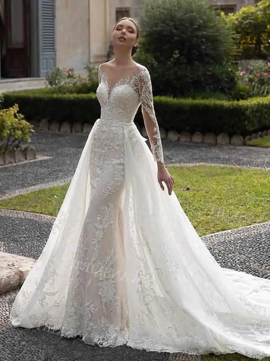 SwanSarah Wedding Dress Long Sleeve Detachable Train Sweetheart Appliques Mermaid Bride Gown customized N384 Vestido De Novia