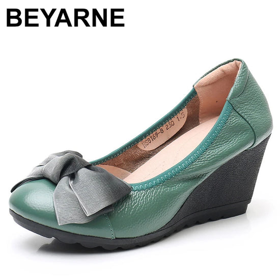 Premium Genuine Leather Bow Slope Heel Shoes High Heel Comfort Non-slip New 2024 Temperament Elegant Women Fashion Shoes