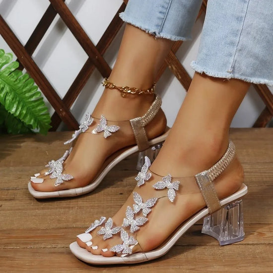 New Thick Heel Sandals for Women Large Size Casual Sandals Rhinestone High Heels Women&