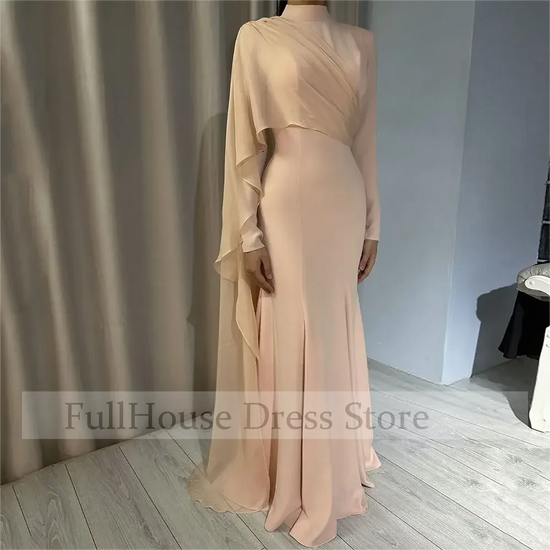 Bespoke Occasion Classic Jersey Pleated Sheath Bridal Evening Gown Long Sleeve Floor Length Length Saudi Arab Dress with Train
