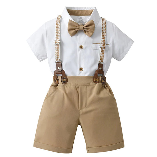Baby Boy Clothes Set Summer Short Sleeve Shirt Bowtie +Suspenders Shorts 3pcs Kids Birthday Party Children Gentleman Suit