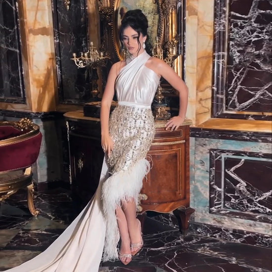 Sharon Said Luxury Dubai Feather White Mermaid Evening Dress with Cape Halter Women Wedding Prom Party Gowns SS350 Customized