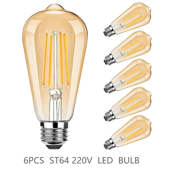 ST64 LED Bulb 6-Pack 4W/6W/8W Edison Retro Vintage Light Bulb - E27 Screw Base 220V 2700K Warm White,  Energy Saving