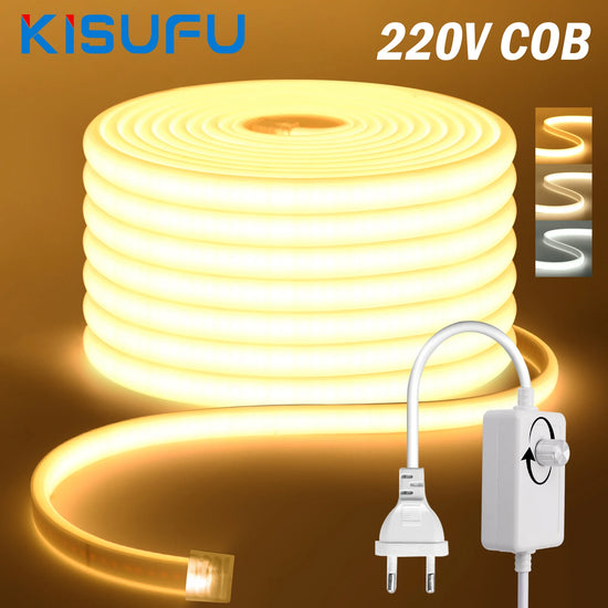 220V COB LED Strip Light With EU Switch/Dimmer Plug 288LEDs/m RA90 IP65 Waterproof Flexible LED Tape Kitchen Cabinet Lighting