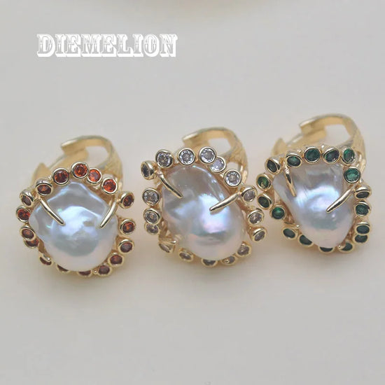 Luxury 18K Gold Plated Natural Baroque Large Irregularity Pearl Ring Paved Colorful CZ Adjustable Ring for Women Wedding Jewelry