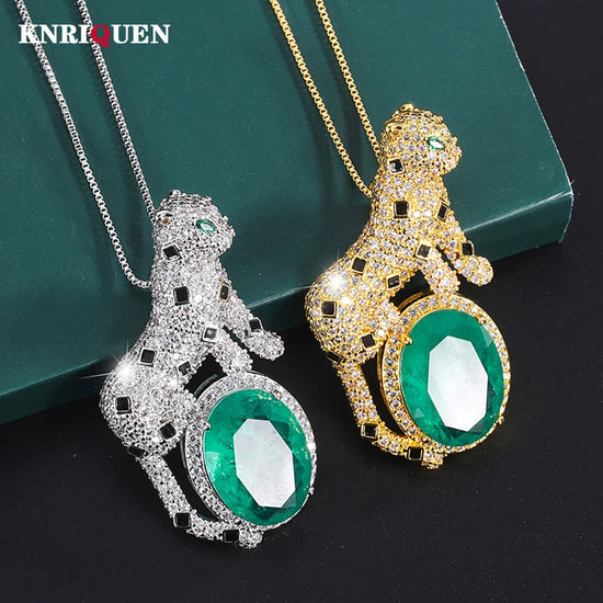 Luxury Vintage 13*18mm Emerald Stone Leopard Pendant Necklace for Women Lab Diamond Cocktail Party Fine Jewelry Accessories Gift