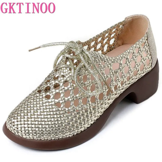 GKTINOO Genuine Leather Woven Thick Heels Women&