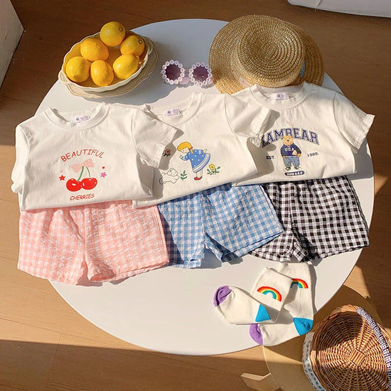 1-6 Age Kids Clothing Print T-shirt Plaid Shorts Children 2piece Set Summer Clothes Toddler Costume Casual Loose Tracksuits