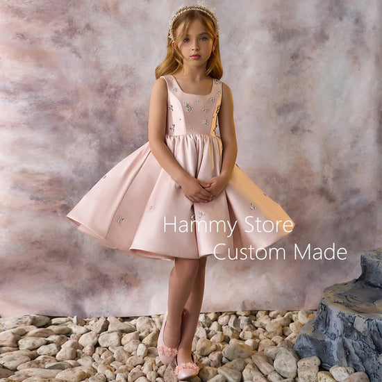 Lovely Flower Girl Dress Birthday Party Gown for Kids Square Neck Sleeveless Crystals Puffy Satin First Communion Dresses
