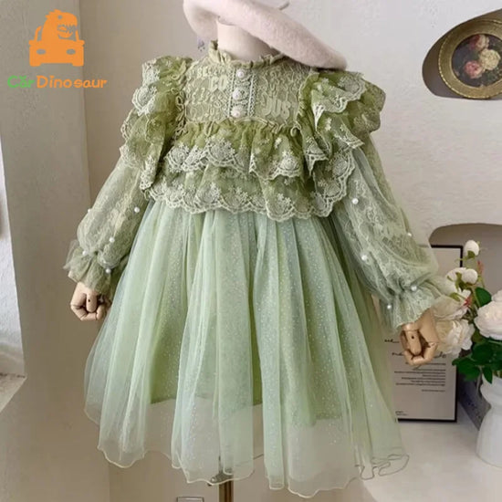 2025 Autumn Spring 2 3 4 6 8 10 12 Years Children Princess Ball Gown Party Long Sleeve Patchwork Lace Dress For Kids Baby Girls