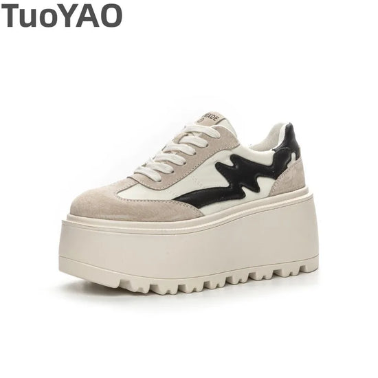 8cm Genuine Leather Platform Wedge Chunky Sneaker Black Casual Comfort Skate Board Thick Soled New Spring Autumn Fashion Shoes